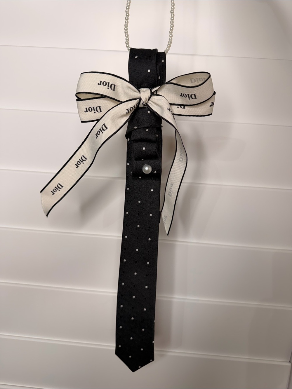 Black and Cream Polka Dot Ribbon Necklace with Pearl Accent